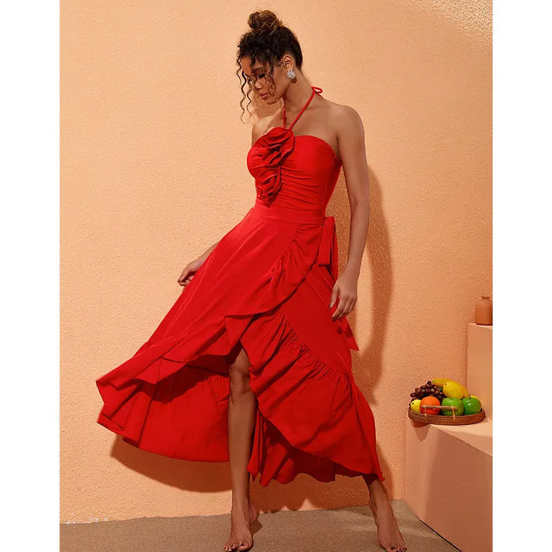 Red women's V-neck halter swimsuit with detachable matching skirt on mannequin