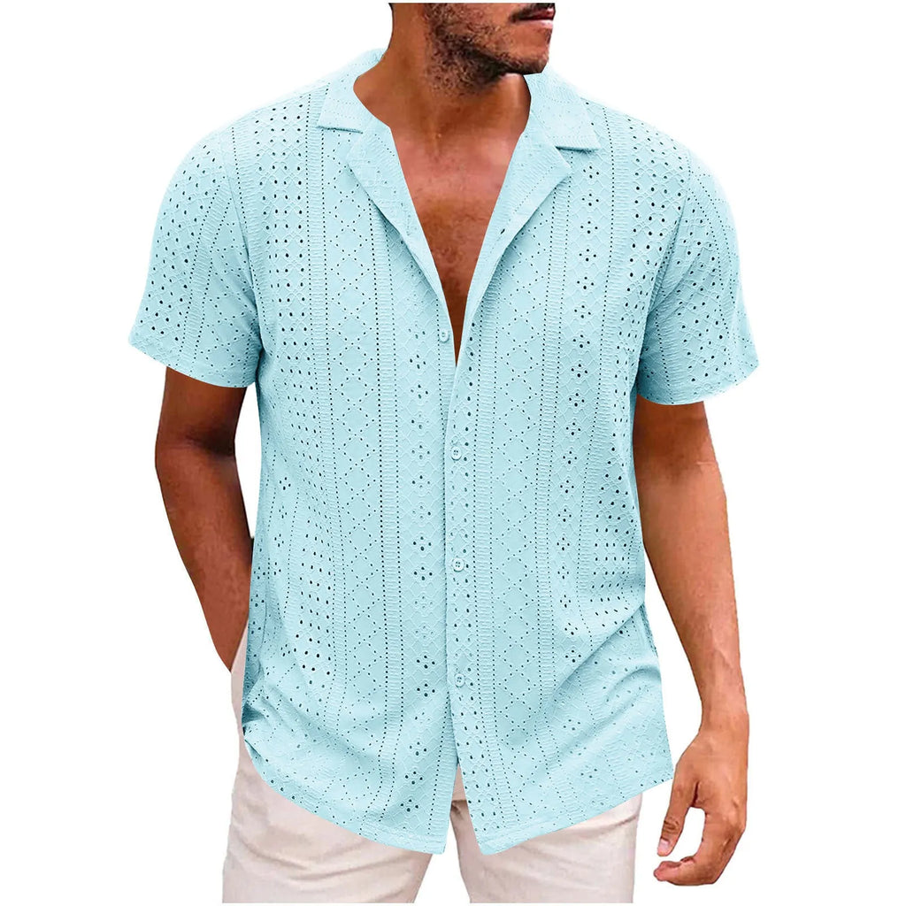 Men's breathable lightweight polyester casual shirt in white, cardigan style, regular fit