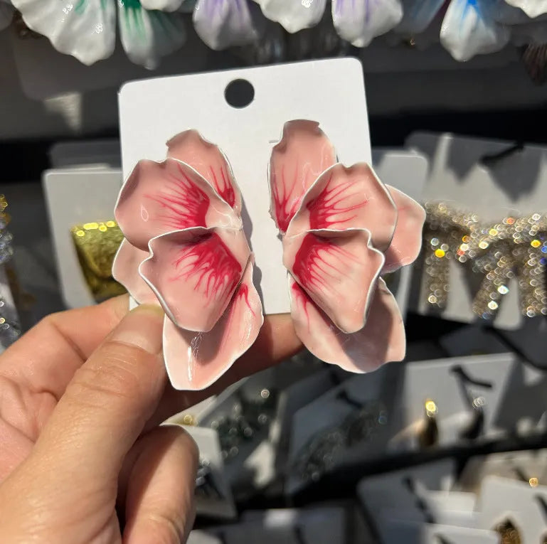 Pastoral style alloy flower stud earrings with oil-spot glaze finish in blue, green, purple and rose colour variations
