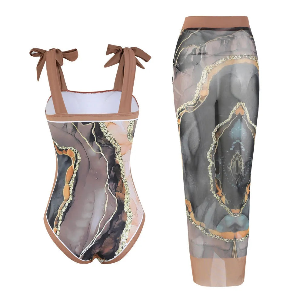 Floral print mesh tube top one-piece swimsuit with removable skirt in pink, black, or brown colour options