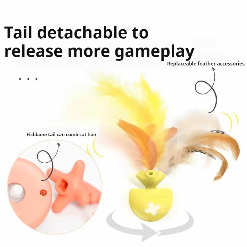 USB electric cat teasing ball with fish bone-shaped roller and replaceable teasing stick in blue, pink, and yellow colours