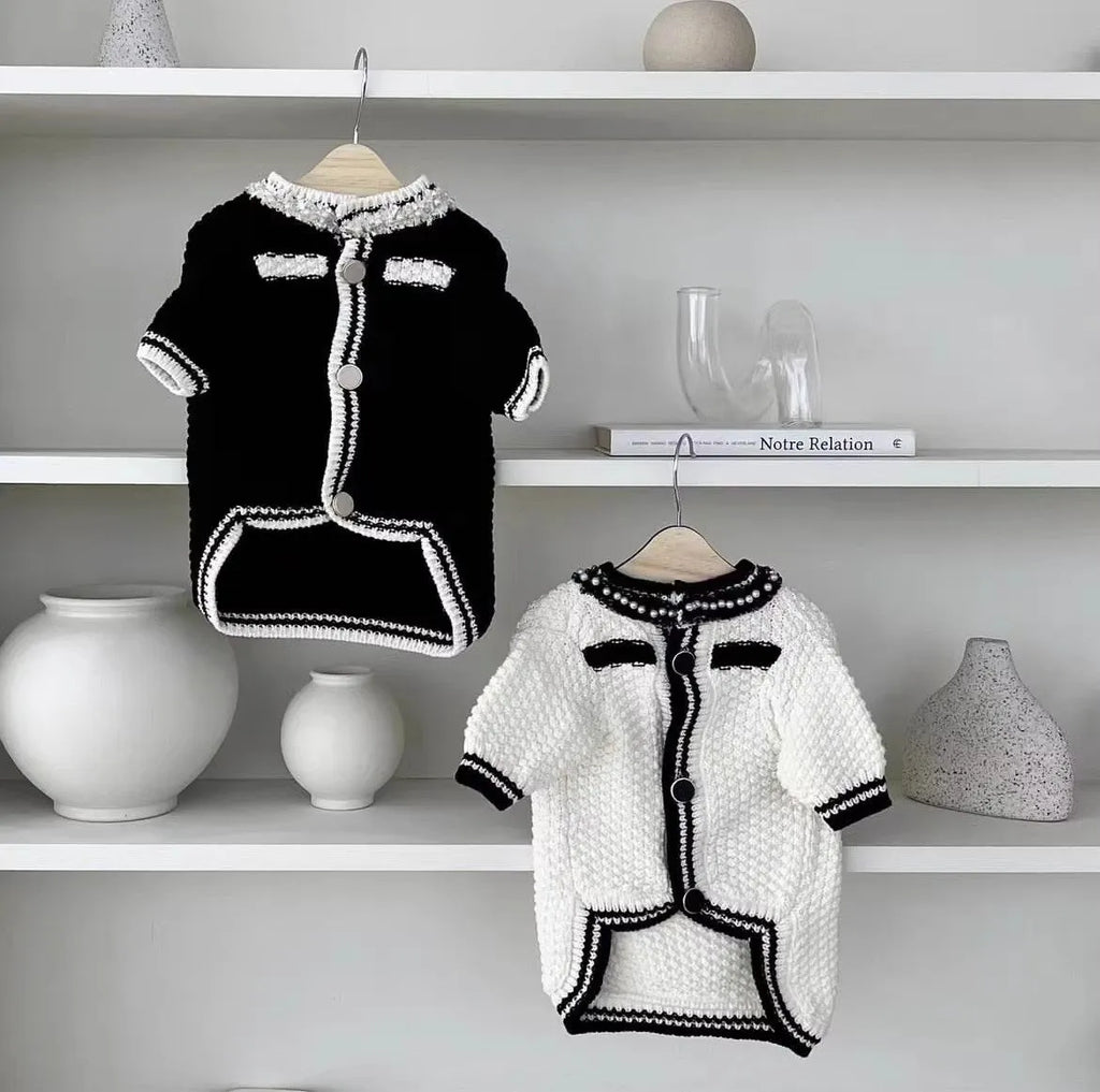 Korean style white dog sweater with pearl collar for small dogs showing princess design and size options