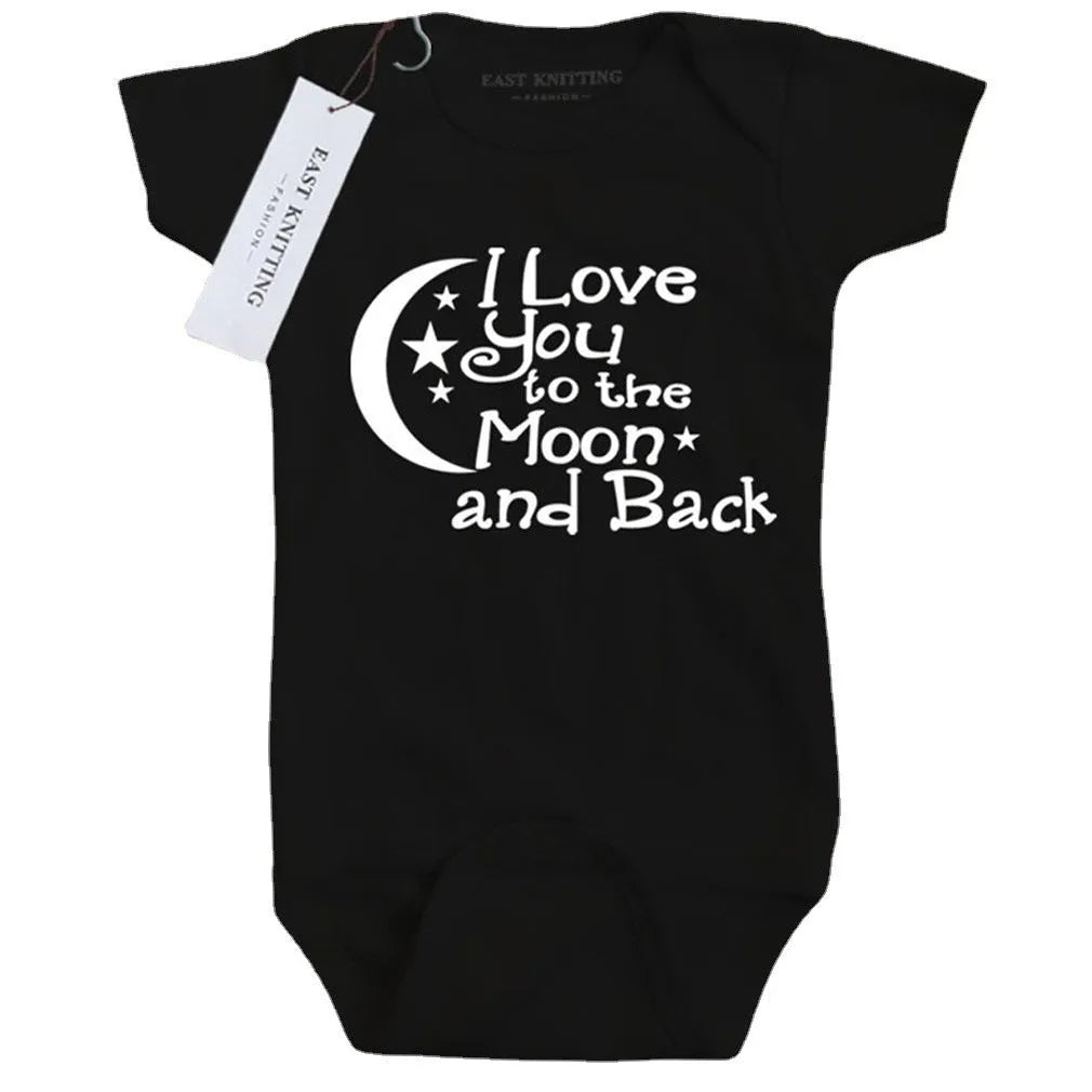 Black polyester baby romper with moon and star letter print, short sleeves, triangle climbing style, front view