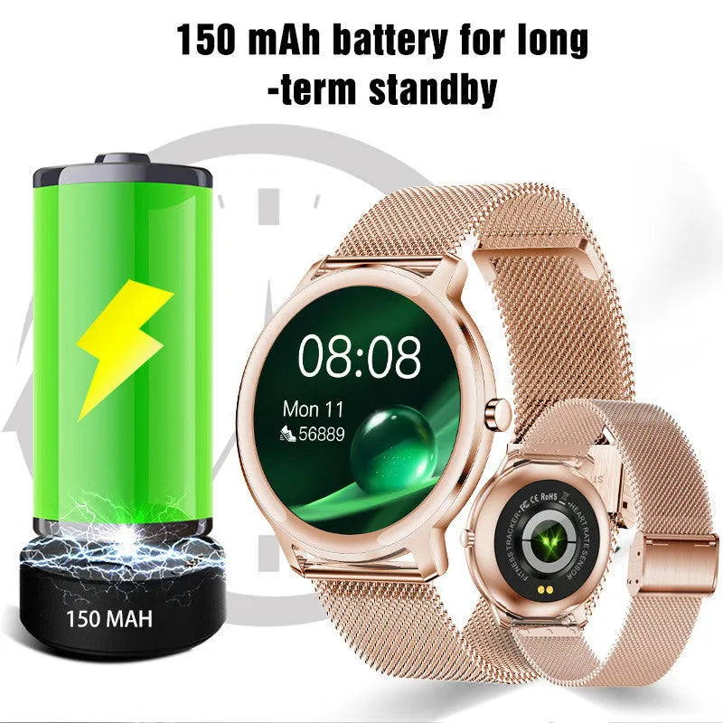 Women's silver smart watch with stainless steel mesh strap and 1.3 inch touch screen display