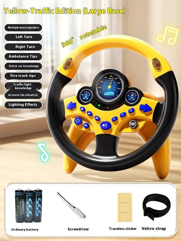 Children's steering wheel early education toy with music and lights, plastic, 25.5x25.5cm, pink traffic version