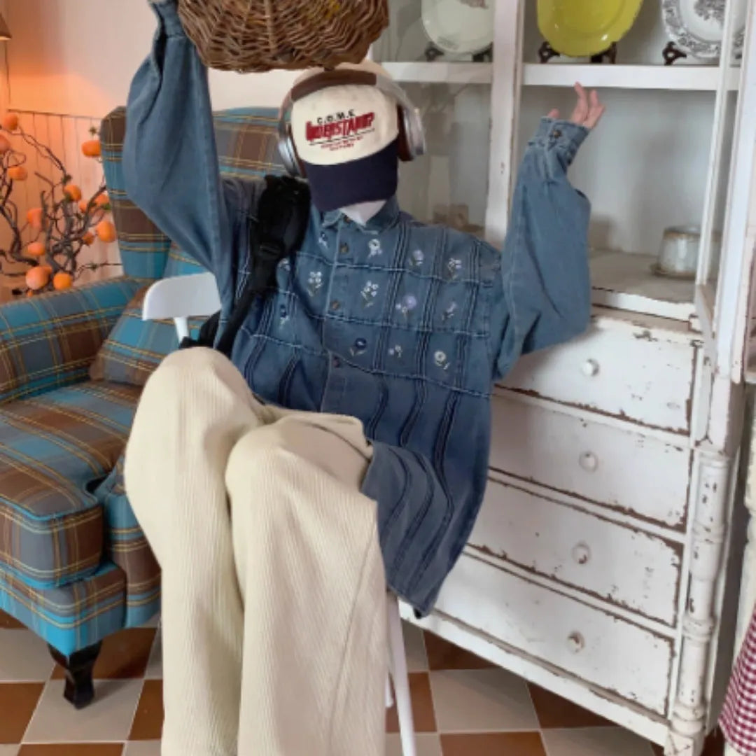 Vintage washed blue denim long sleeve shirt with small floral pleated design
