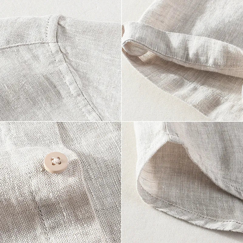 Men's short sleeve linen shirt with square collar in raw jute colour