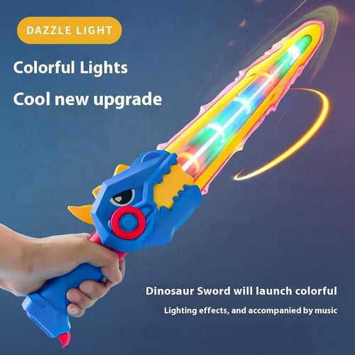 Transformers dinosaur toy with glowing sword in bright blue plastic, 15 cm size, on white background