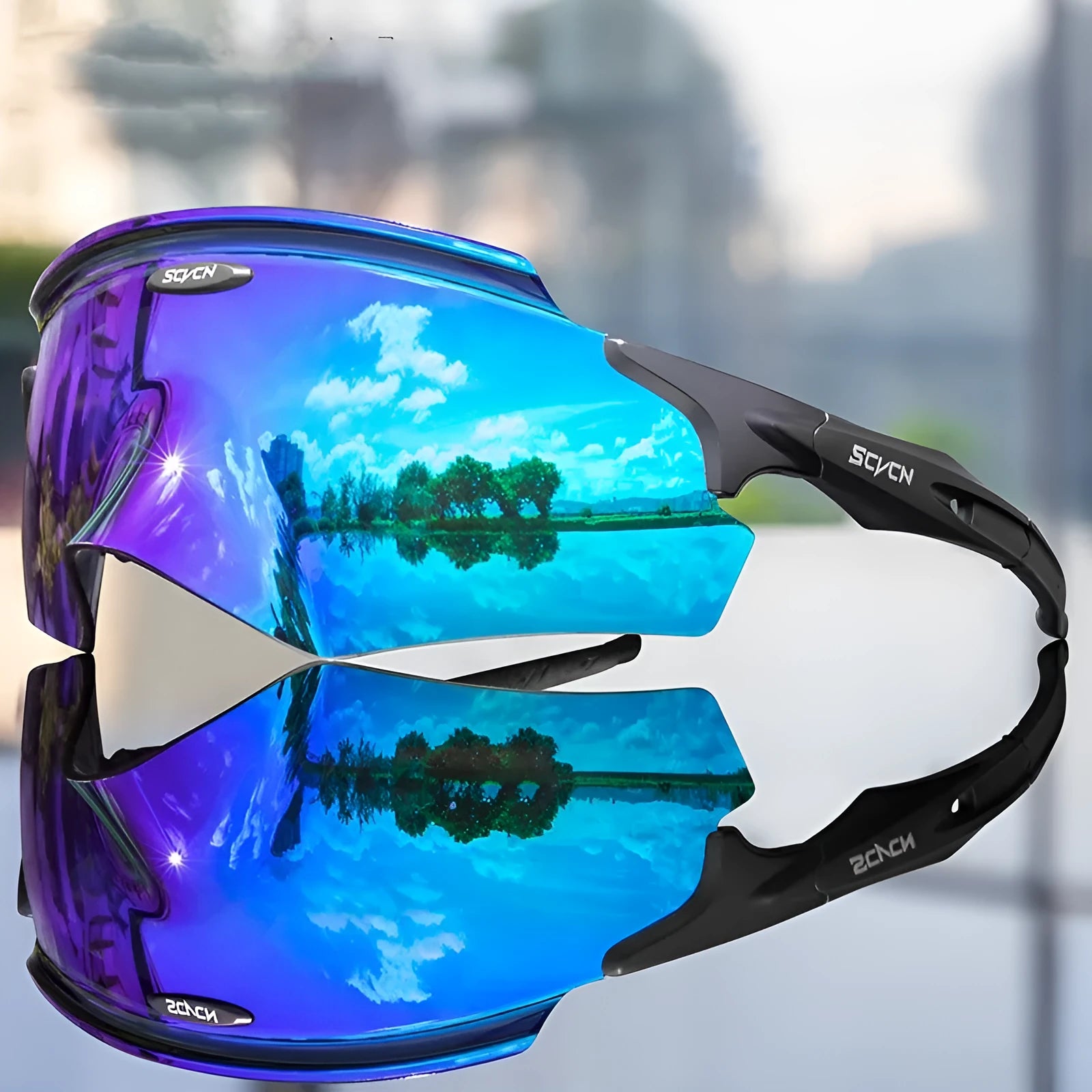 Frameless windproof sports goggles with a colourful integrated lens.