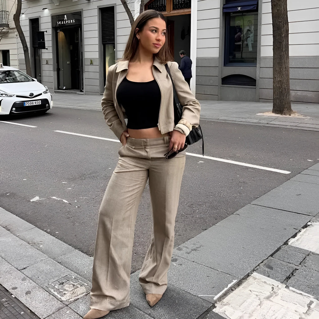 Women's herringbone pattern suit set with 3D embroidery, showing jacket and straight-leg trousers