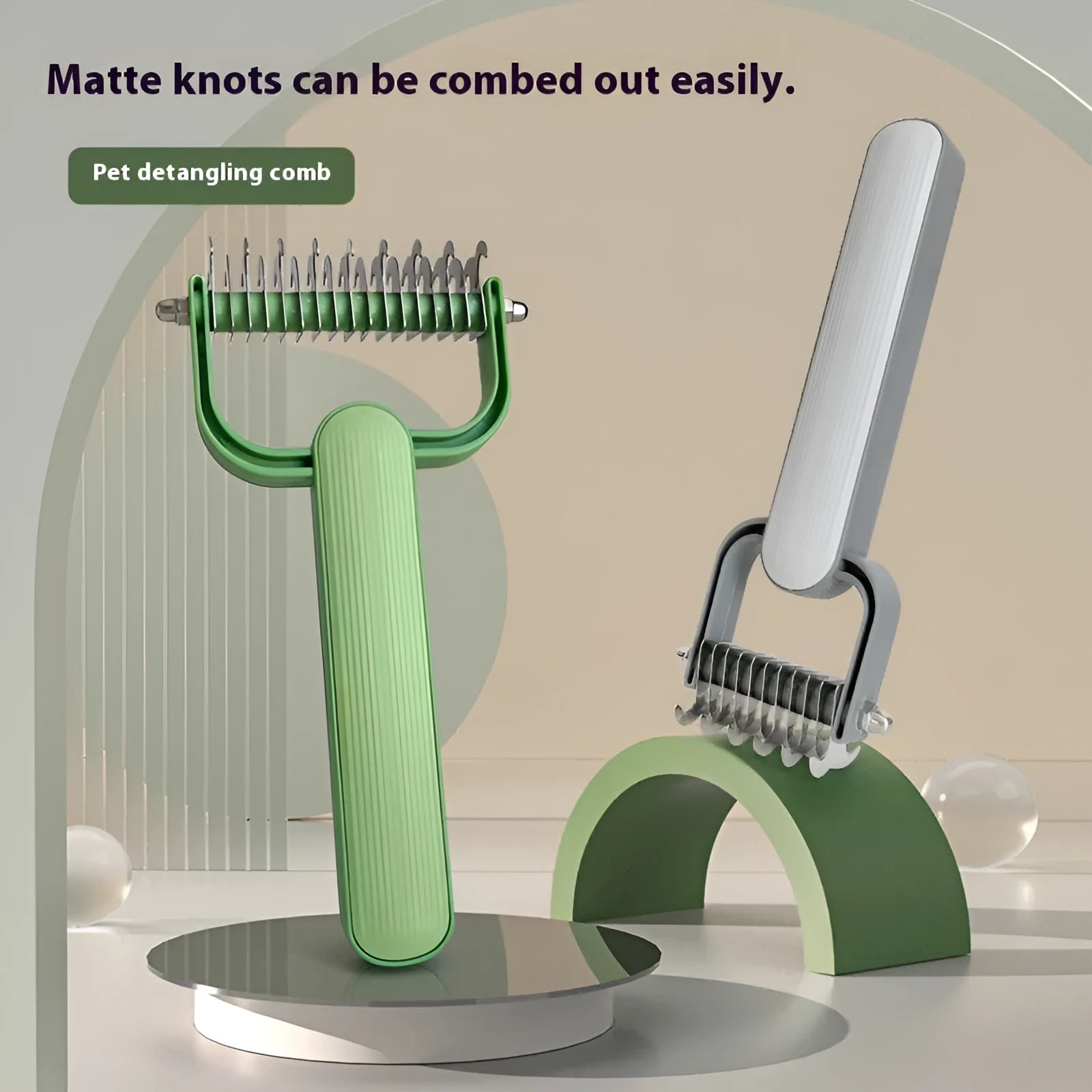 Green and grey dog hair unknotting comb with PP handle and stainless steel teeth