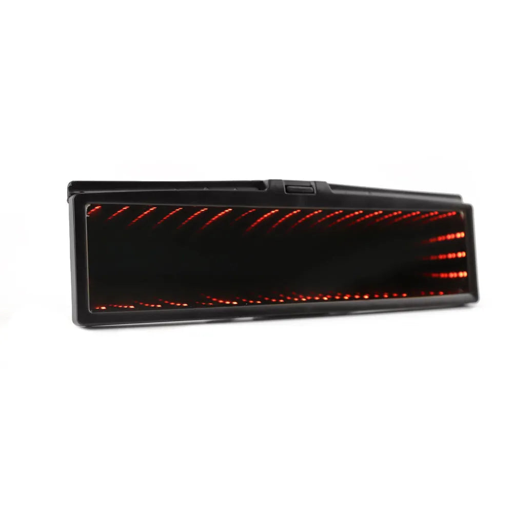 280mm wide car flat rearview mirror in blue plastic with integrated 3D lighting strips, shown mounted in a vehicle.
