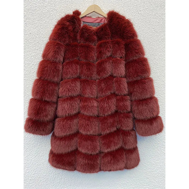 Women's thick artificial fur coat in apricot colour, shown with regular sleeves and 80 cm length
