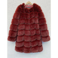 Women's thick artificial fur coat in apricot colour, shown with regular sleeves and 80 cm length