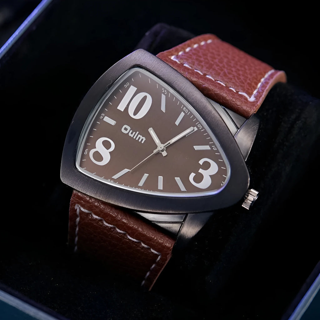 Men's brown casual watch with triangular geometric strap design and quartz movement
