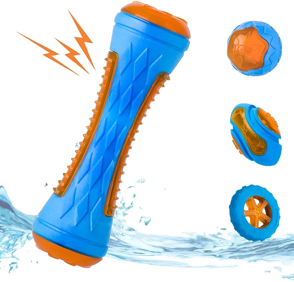 Set of three TPR dog toys: a red ball, blue barbell, and orange tyre on a blue background.
