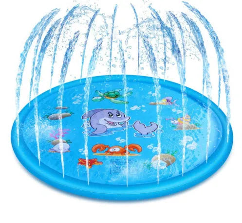 Blue PVC children's water spray play mat with marine animal designs, shown connected to a garden hose