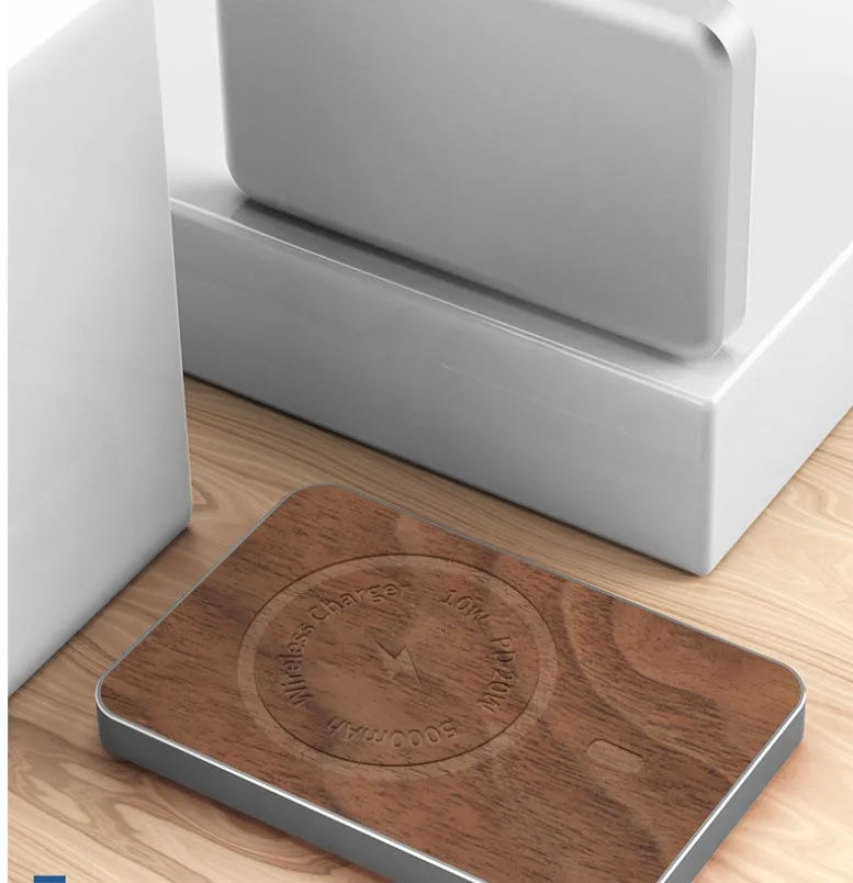 Khaki aluminium alloy magnetic wireless charging bank with 5000mAh battery and USB port