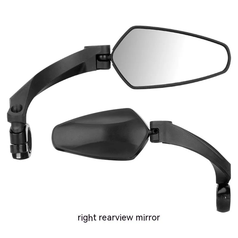 Black PMMA acrylic mountain bike rearview mirror showing left, right, and paired mounting options