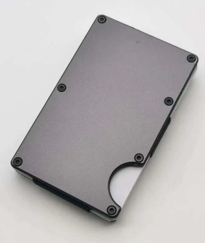 Aluminium grey carbon fibre wallet with anti-theft technology showing seven card slots
