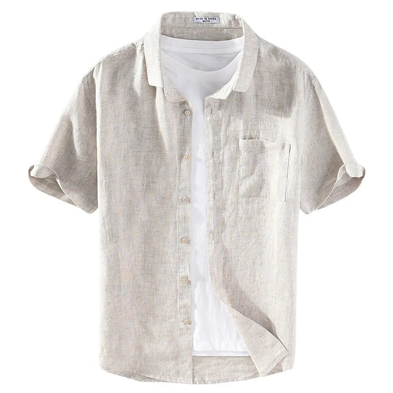 Men's short sleeve linen shirt with square collar in raw jute colour