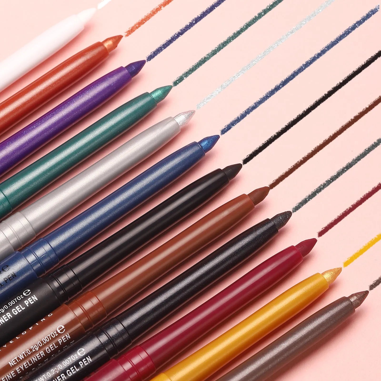 Set of 12 colourful gel glitter eyeliner pencils showing matte, glitter, metallic, and pearl effects