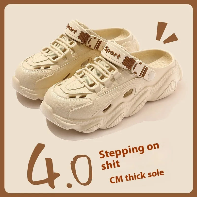 Men's khaki outdoor slippers with hollow-out design and lightweight EVA sole on a wooden deck.