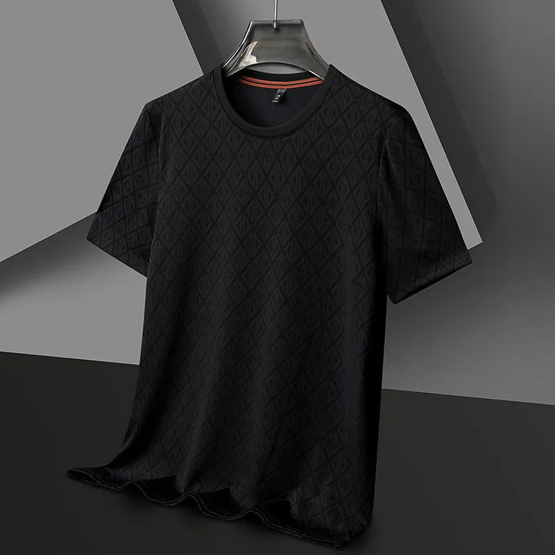 Man wearing a loose fit black round neck short sleeve T-shirt made from Ice Silk fabric.