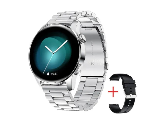 Smart watch with round colour display on a black silicone strap, showing heart rate data on screen.