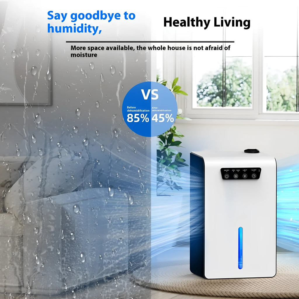 Milky white small household dehumidifier with water tank for bedroom use.