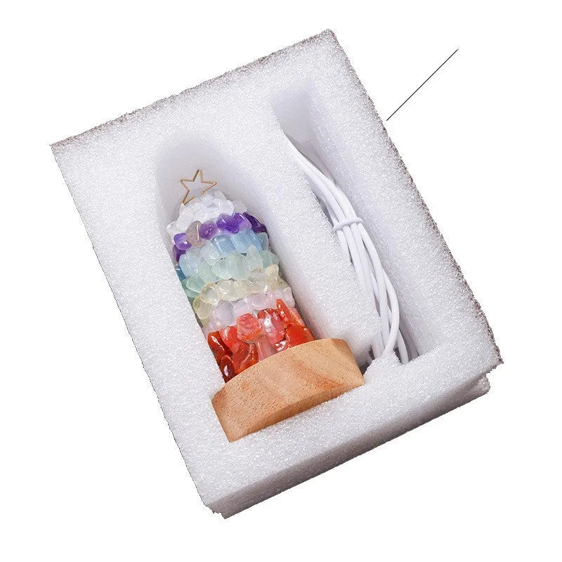 Natural crystal gravel small night lamp with USB cord, showing geometric crystals in cold light setting