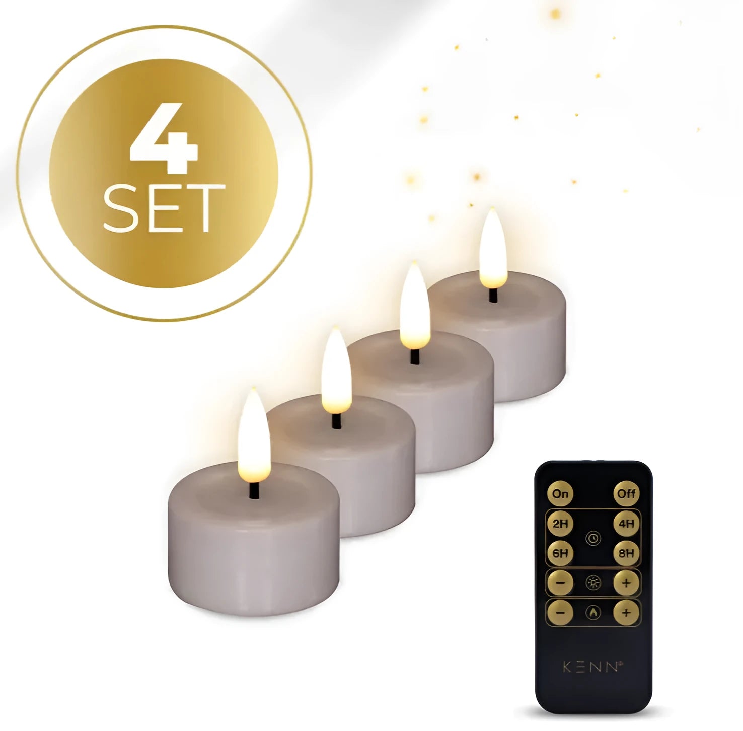 Four taupe-coloured LED tealight candles showing flickering flame effect, placed on a surface.