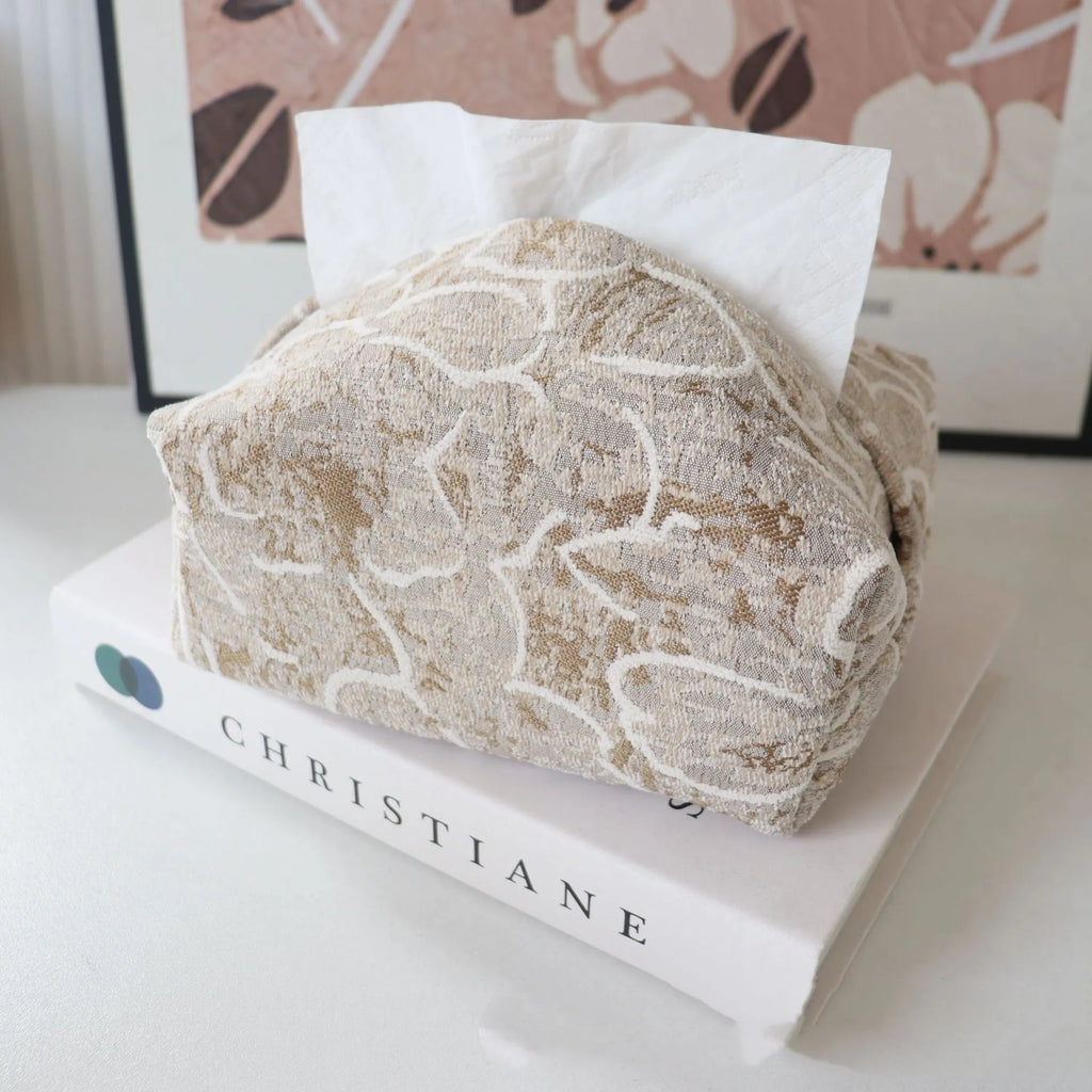 Chinese style pastoral cotton fabric tissue box in beige, blue or brown, 17x11x7cm.
