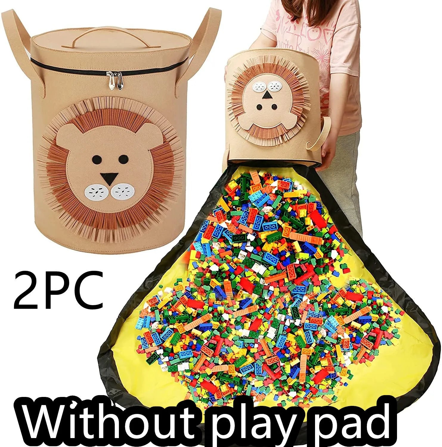 Green felt storage bag cinched closed with pull rope, shown next to it laid flat as a play mat
