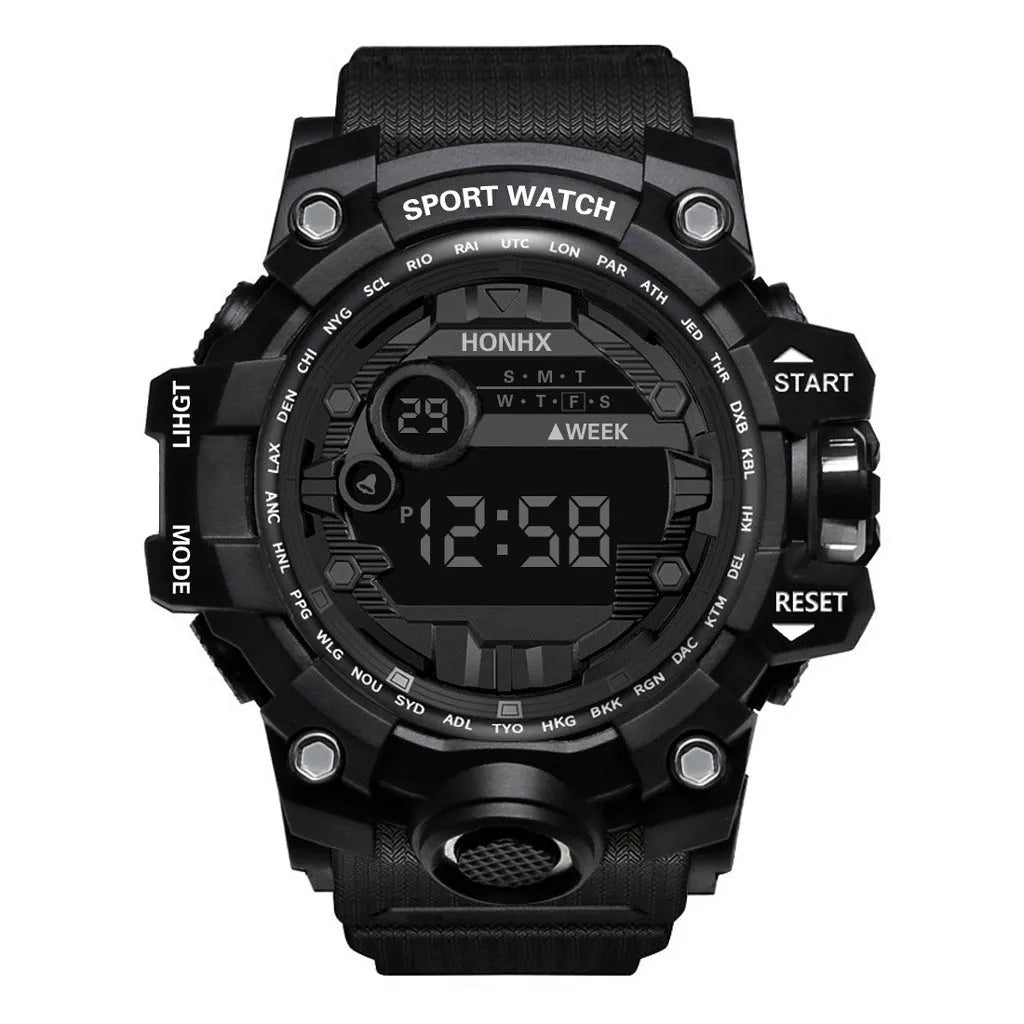 Men's student multi-function electronic watch 55mm round resin case PU strap luminous display sports style