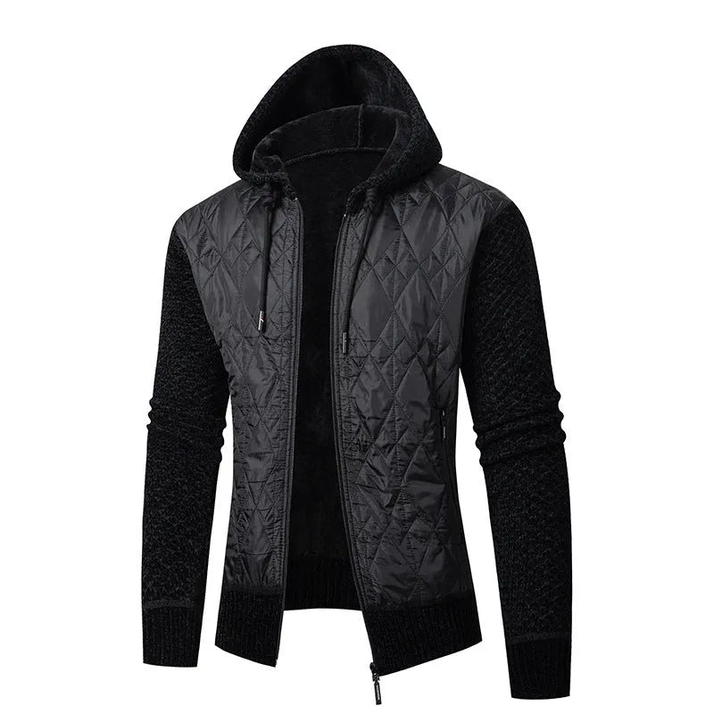 Men's grey corduroy hooded sweater coat with cinched waist design showing wool composition and cotton filler