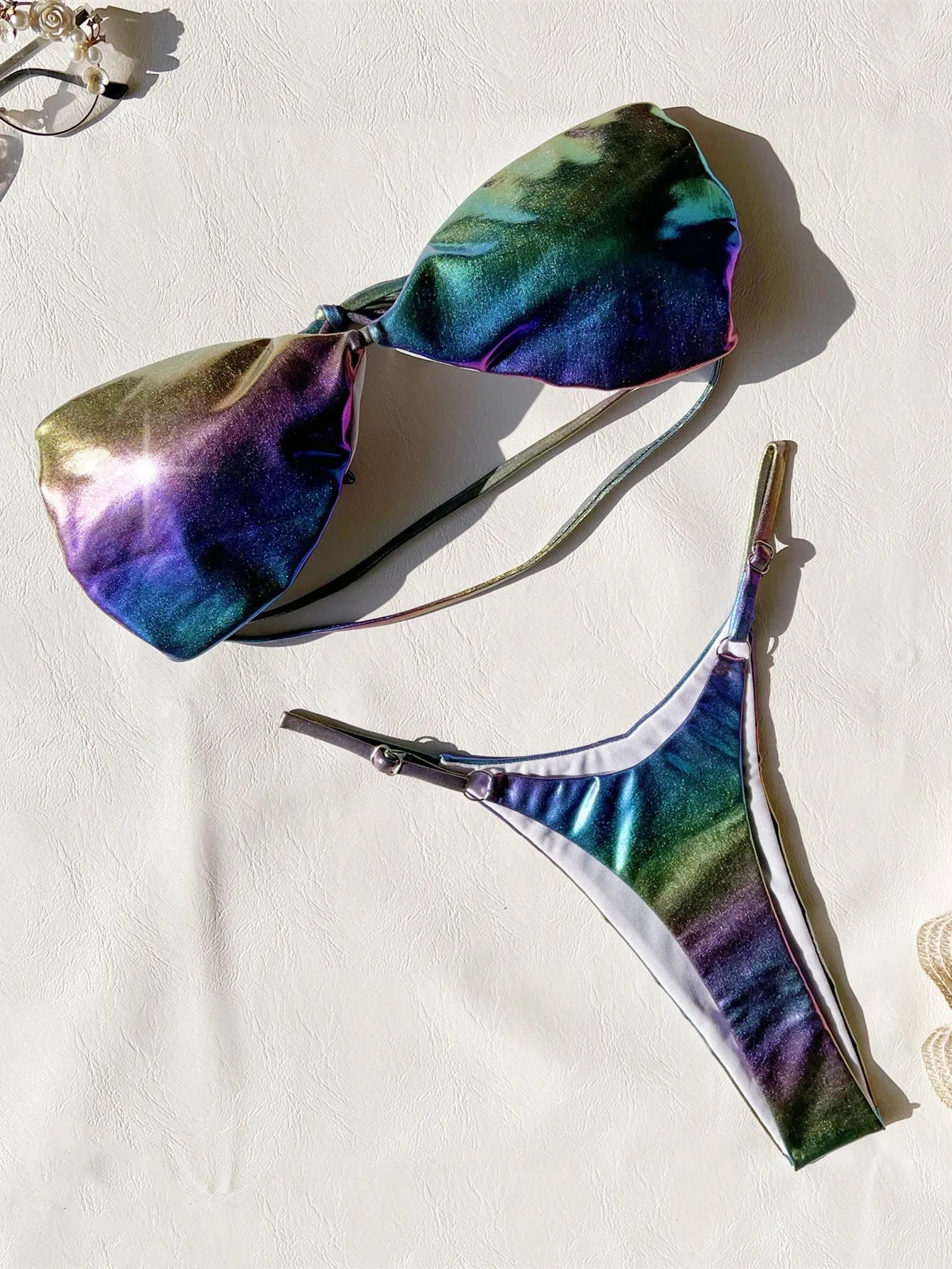 Women's gradient purple polyester bikini swimsuit on mannequin