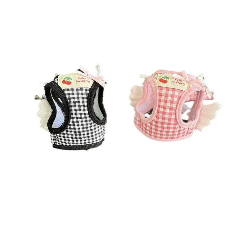 Small dog harness with chest and back handles in cotton material, black or pink colour