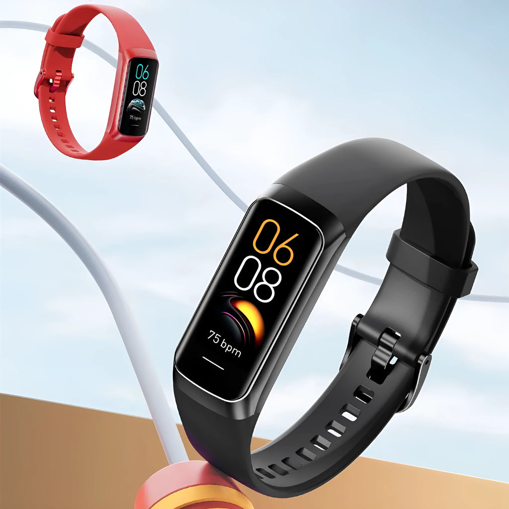C60 smart watch with 1.1-inch MOLED display showing health data on wrist with black TPU band