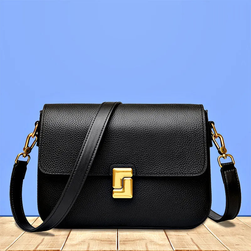 Women's genuine cowhide leather messenger retro shoulder bag in horizontal square shape, 24x7x19cm, available in black
