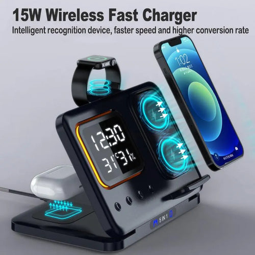 Black 15W wireless charging dock station showing phone, watch and headphones charging, with LED digital clock display.