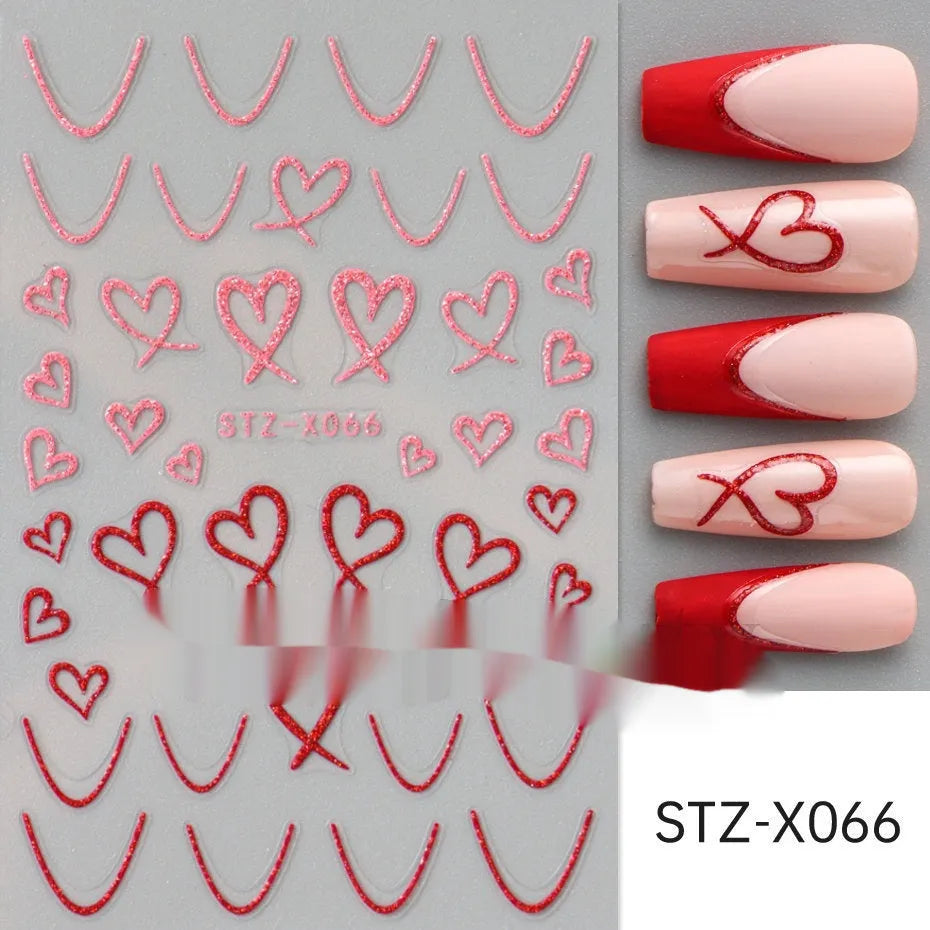 Sheet of black and silver strip nail art stickers with cartoon and love heart designs
