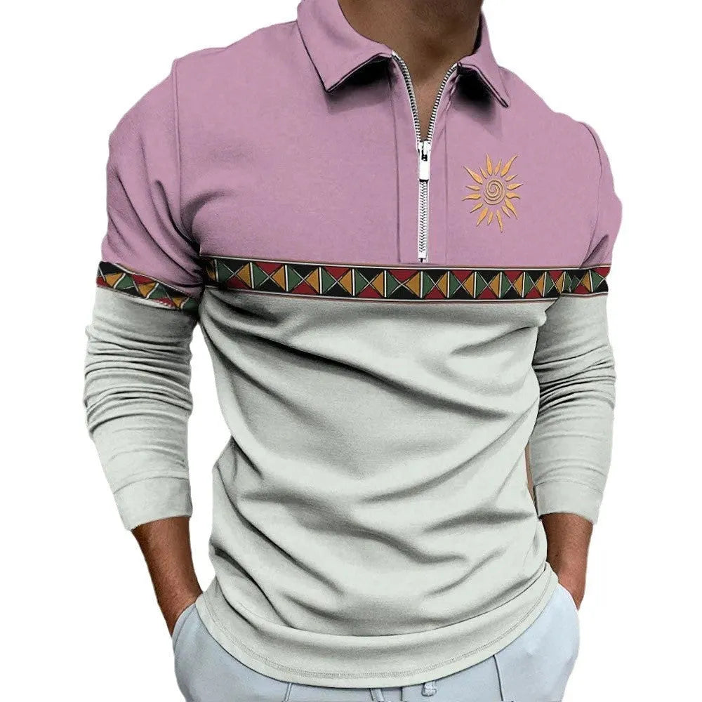 Men's loose fit long sleeve t-shirt with retro striped printing and zipper details