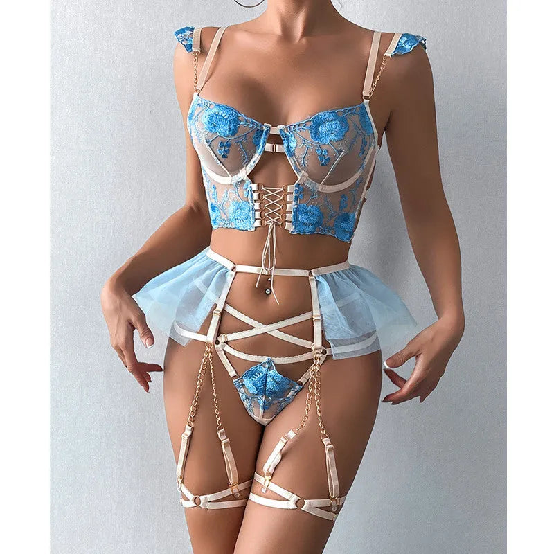 Light blue embroidered transparent bra set with lace mesh and three-point styling