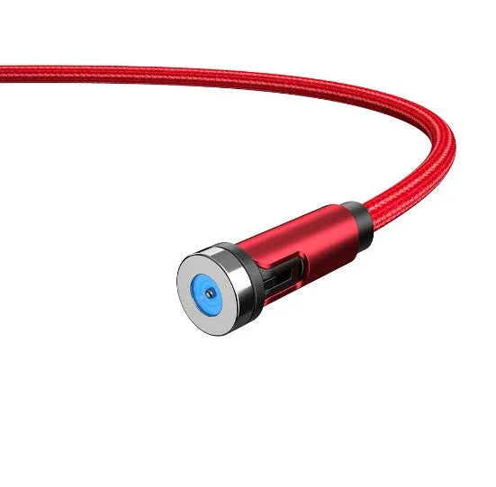 Essager black magnetic USB cable with rotating connector and blue LED light, shown next to phone