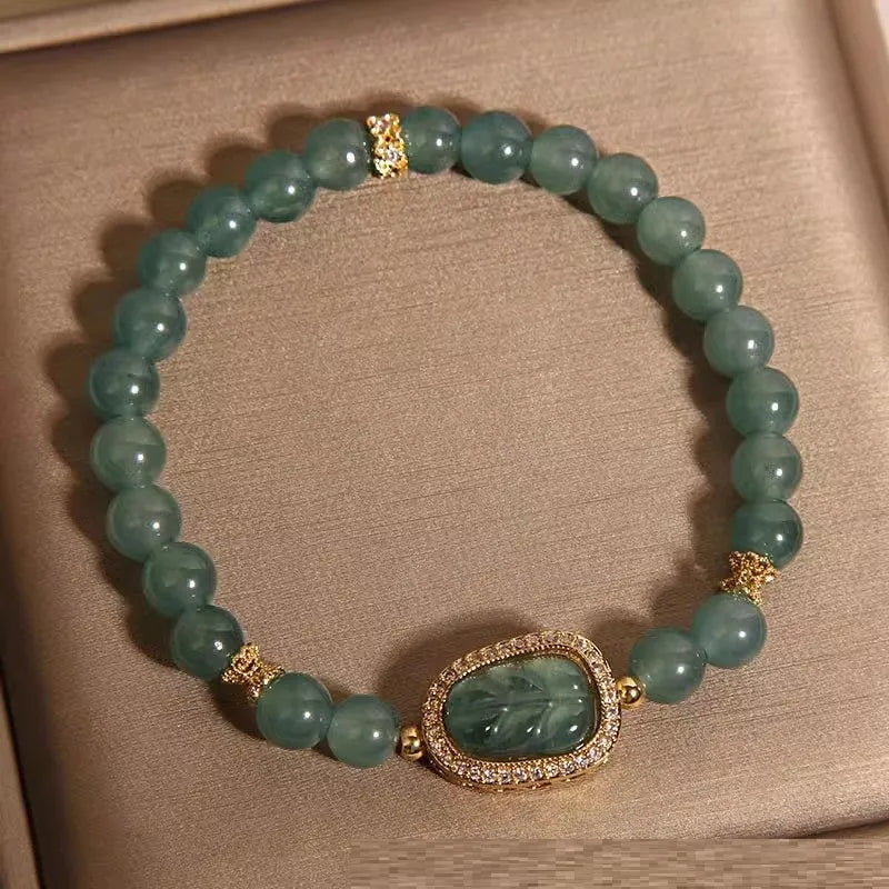 New Chinese style blue water jade bracelet with leaf pendant for women, light luxury design