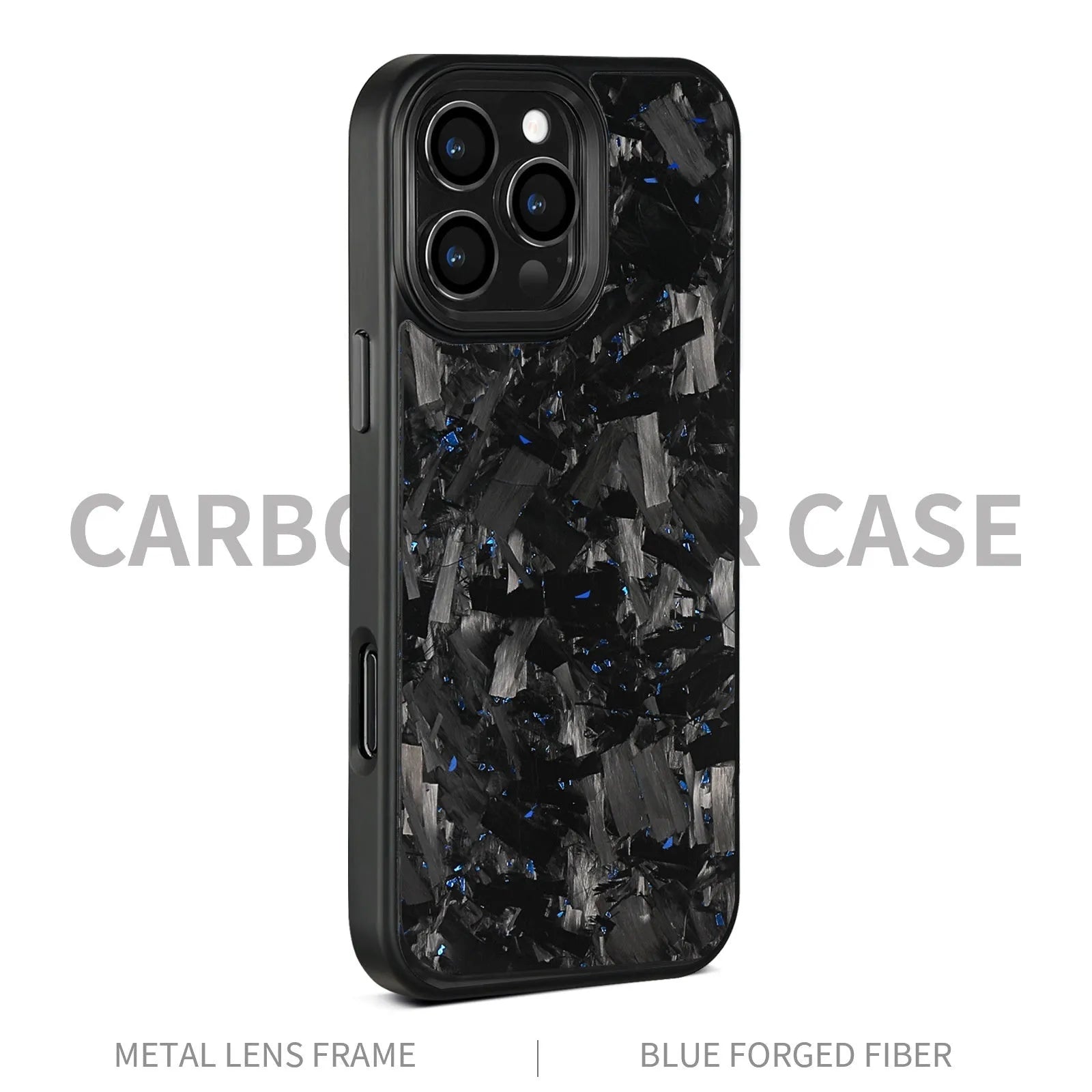 Black frame blue gold metal and carbon fibre protective case for iPhone 17 with a magnetic feature and forged pattern design.
