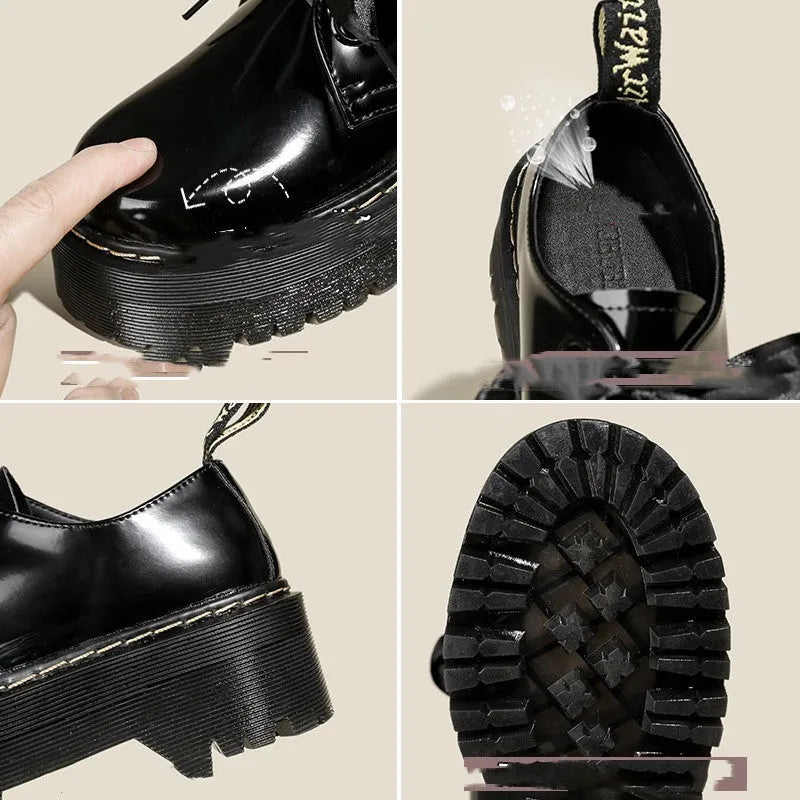 Women's black thick-soled leather shoes with cross straps and ribbon decoration