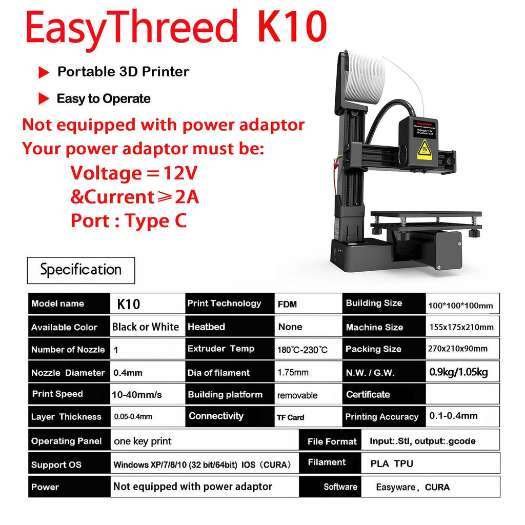 White EasyThreed K10 3D printer with 175mm print height for TPU and PLA filaments