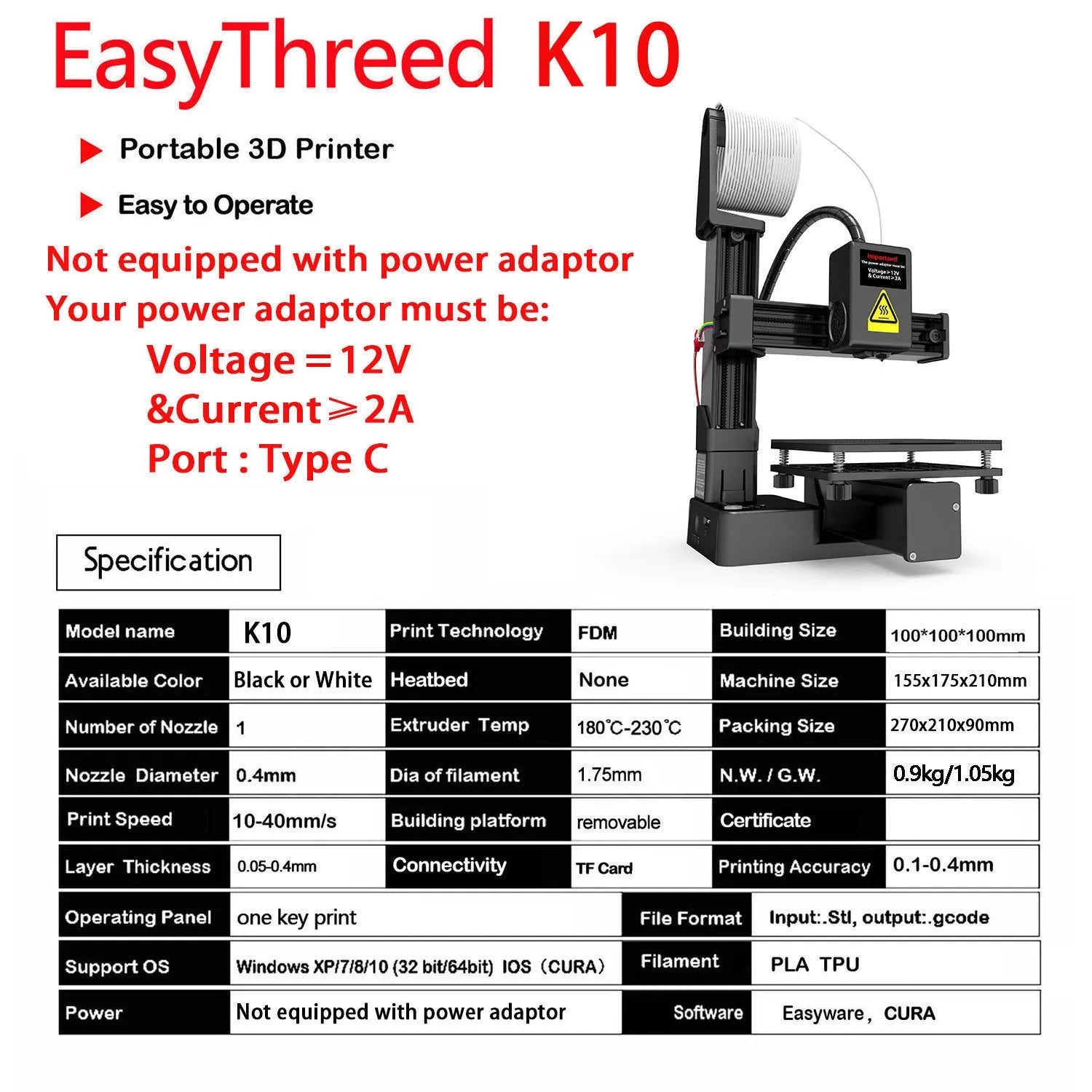White EasyThreed K10 3D printer with 175mm print height for TPU and PLA filaments